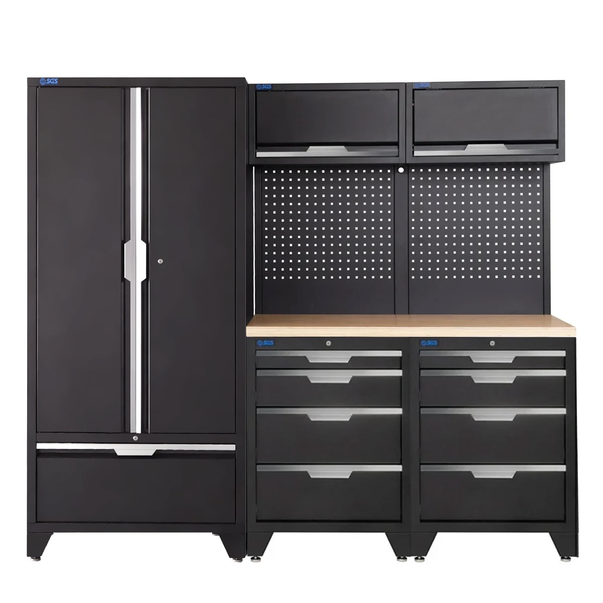 SGS 7pc Garage Storage System | 8 Drawers | Pressed Wood Worktop | 2x Upper Cabinets | Tall Double Cabinet with Drawer